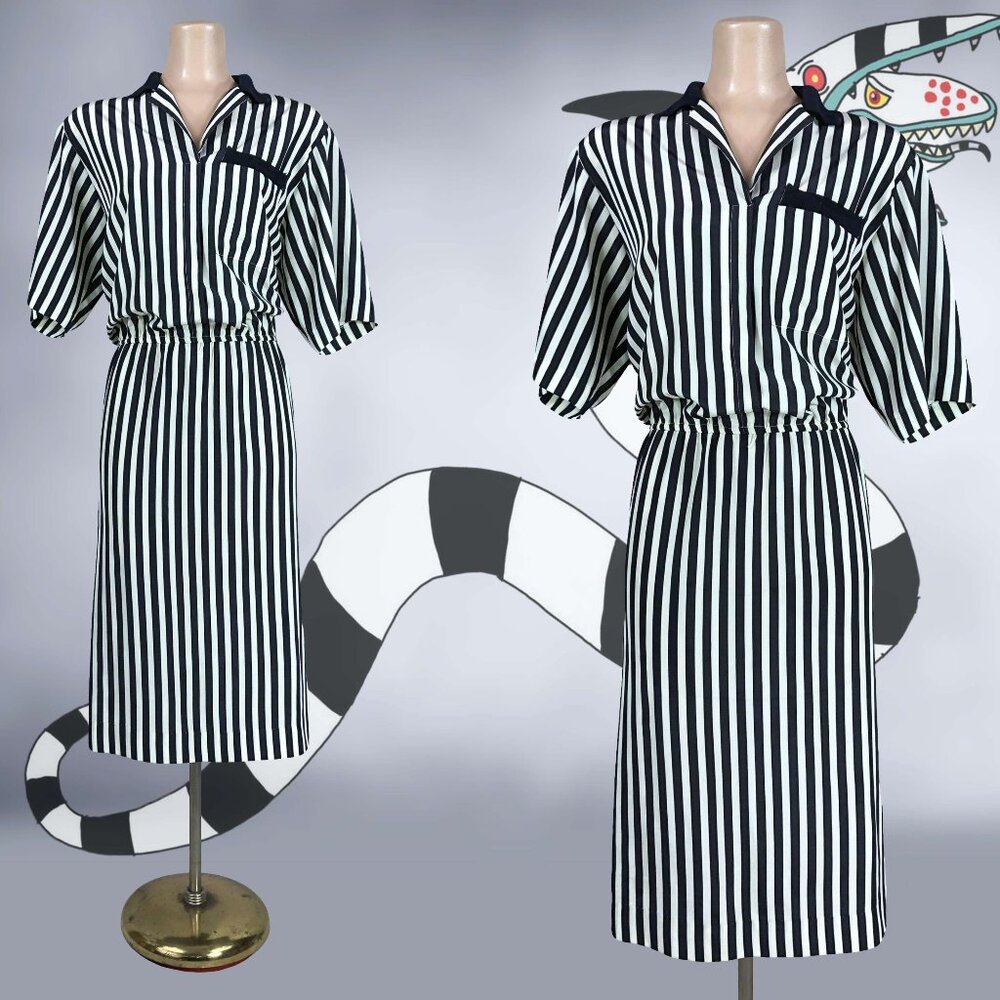 VINTAGE 80s Black and Off-White Striped Dress by Liz Roberts L/XL VFG